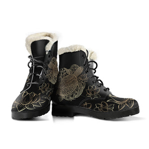 Sea Turtle & Lotus Faux Fur Leather Boots