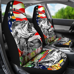 Fishing Big Fish US Flag - Set of 2 Universal Front Car Seat Covers Protection