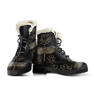 Dragonflies & Lotus Flowers Faux Fur Leather Boots - Freedom Look