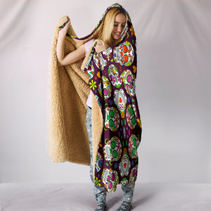 Colorful Sugar Skulls - Cozy Warm Hooded Sherpa And Microfiber Blanket With Hood