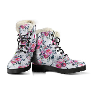 Floral Grey Roses & Peonies - Faux Fur Leather Boots