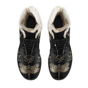 Dragonflies & Lotus Flowers Faux Fur Leather Boots - Freedom Look