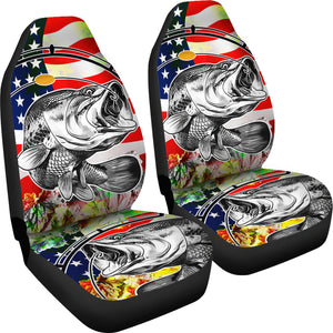 Fishing Big Fish US Flag - Set of 2 Universal Front Car Seat Covers Protection
