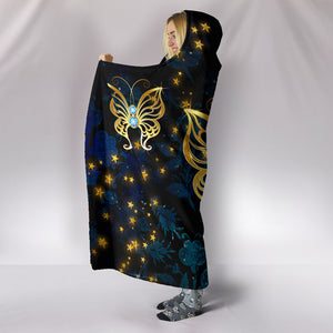Butterfly on Blue Damask Cozy Warm Hooded Sherpa And Microfiber Blanket With Hood