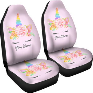 Personalized Pink Unicorn With Flowers Front Car Mats (Set Of 2)