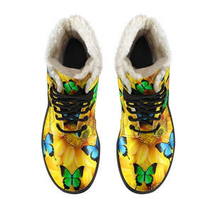 Sunflowers & Butterflies Faux Fur Leather Boots