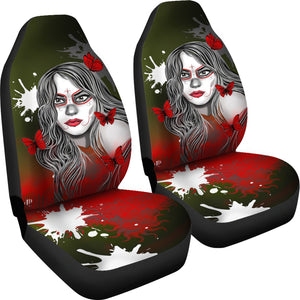 Sugar Skull Red Butterfly - Set of 2 Universal Front Car Seat Covers Protection