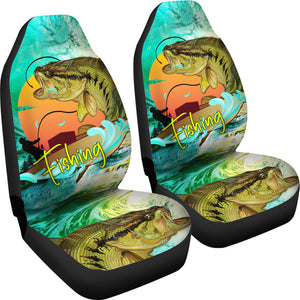 Fishing on Boat - Set of 2 Universal Front Car Seat Covers Protection Decoration