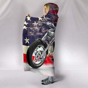Motorbike With American Flag Cozy Warm Hooded Sherpa And Microfiber Blanket