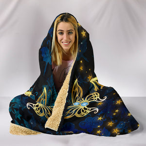 Butterfly on Blue Damask Cozy Warm Hooded Sherpa And Microfiber Blanket With Hood