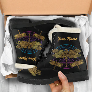 Personalized Dragonfly Circle Faux Fur Leather Boots
