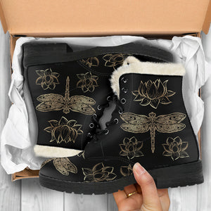 Dragonflies & Lotus Flowers Faux Fur Leather Boots - Freedom Look