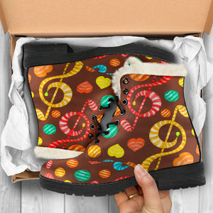 Music Notes Candy Design Faux Fur Leather Boots Winter Shoes