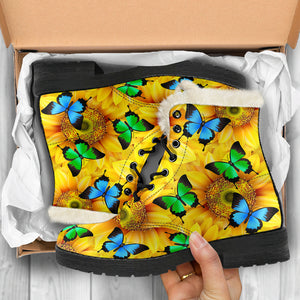 Sunflowers & Butterflies Faux Fur Leather Boots