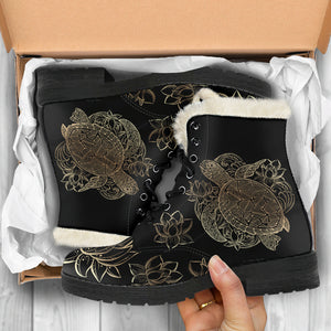 Sea Turtle & Lotus Faux Fur Leather Boots