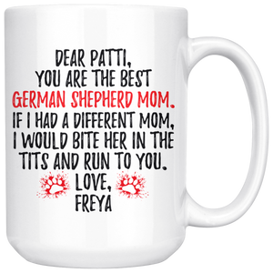 Personalized German Shepherd Dog Freya Mom Patti Coffee Mug (15 oz)