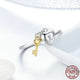 Heart Lock with Gold Color Key Finger Ring - 925 Sterling Silver - Freedom Look