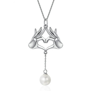 Love You Hand Gesture Pearl Pendant Necklace -  925 Sterling Silver - Freedom Look