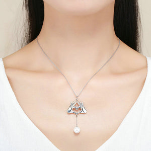 Love You Hand Gesture Pearl Pendant Necklace -  925 Sterling Silver - Freedom Look