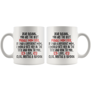 Personalized Puggle Dog Cleo, Brutus & Raydon Mom Raeann Coffee Mug (11 oz)