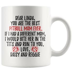 Personalized Pitbull Dog Daisy And Reggie Mom Linda Coffee Mug (11 oz)