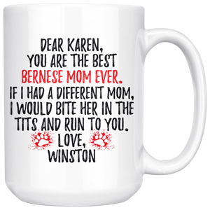 Personalized Bernese Mountain Dog Winston Mom Karen Coffee Mug (15 oz)