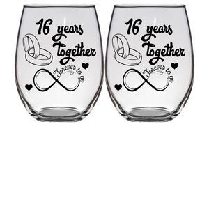 16 FTG - Anniversary Stemless Wine Glass - Set of 2 (Laser Etched)