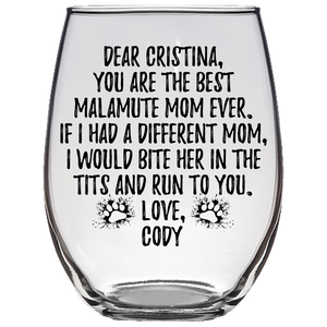 Alaskan Malamute Dog Cody Mom Cristina Stemless Wine Glass (Laser Etched)