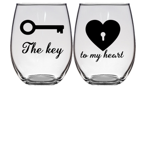 The Key & To my Heart Stemless Wine Glass - Set of 2 (Laser Etched)