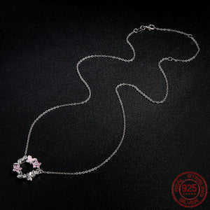 Pink Poetic Daisy Blossom & Butterfly Necklace - 925 Sterling Silver - Freedom Look