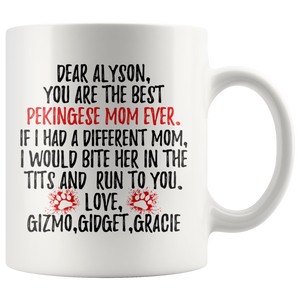 Personalized Pekingese Dog Gizmo, Gidget, Gracie Mom Alyson Coffee Mug (11 oz)