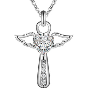 Jesus Cross Love Angel Heart Wing Silver Pendant Necklace - Freedom Look