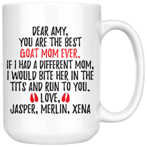 Personalized Goats Jasper, Merlin Xena Mom Coffee Mug (15 oz)