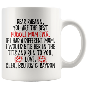Personalized Puggle Dog Cleo, Brutus & Raydon Mom Raeann Coffee Mug (11 oz)