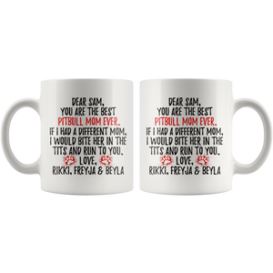 Personalized Pitbull Dog Rikki, Freyja & Beyla Mom Sam Coffee Mug (11 oz)